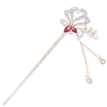 Gold Finish Rhinestone Flower Hair Stick with Tassels